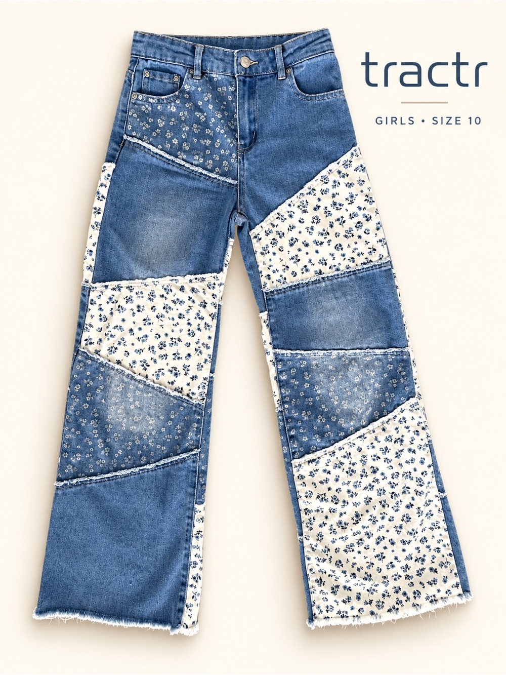 Tractr Girls Patchwork Wide Leg Jeans Floral Denim Size 10 Adjustable Waist